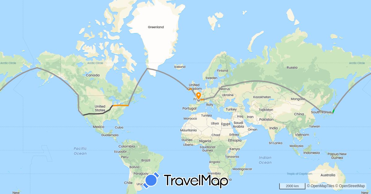 TravelMap itinerary: driving, bus, plane, hitchhiking, motorbike in Canada, Switzerland, France, Greenland, Ireland, Japan, South Korea, Lithuania, Mongolia, Russia, Slovakia, United States (Asia, Europe, North America)